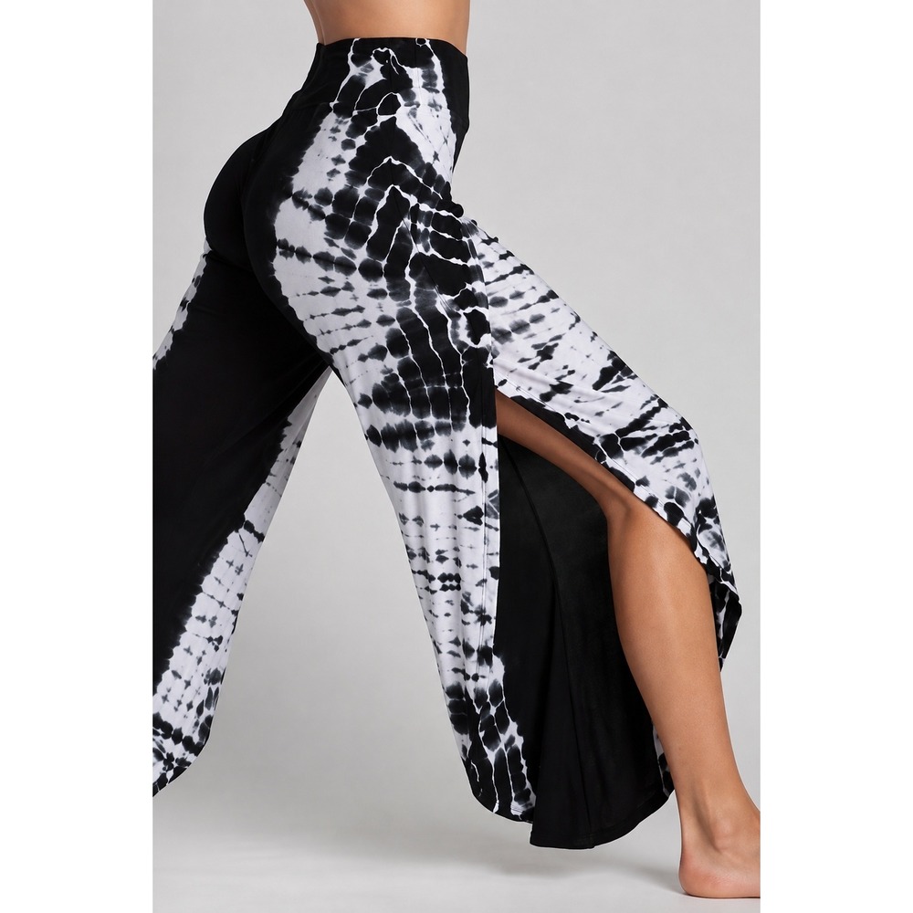 Jala Bhakti Wide Leg Pants Black White Tie Dye Jersey Side Slit Yoga S